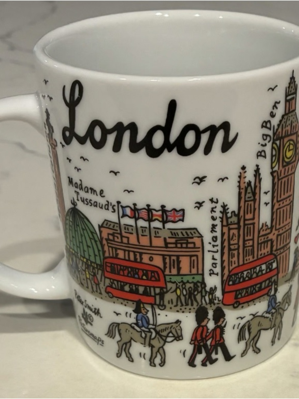 London Illustrated White Ceramic Mug with Red Accents